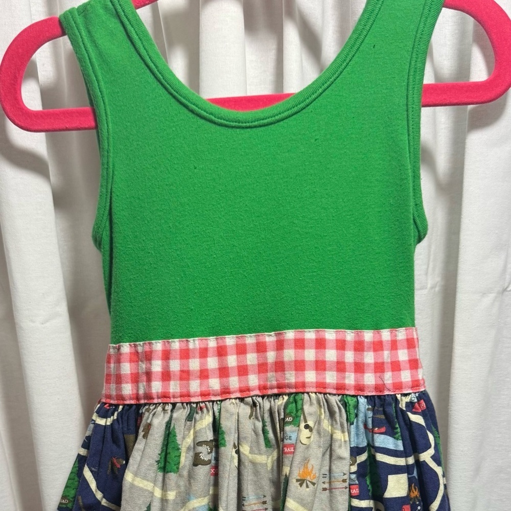 K Pea Green Tank Top Dress with Plaid Waistband and Patterned Skirt